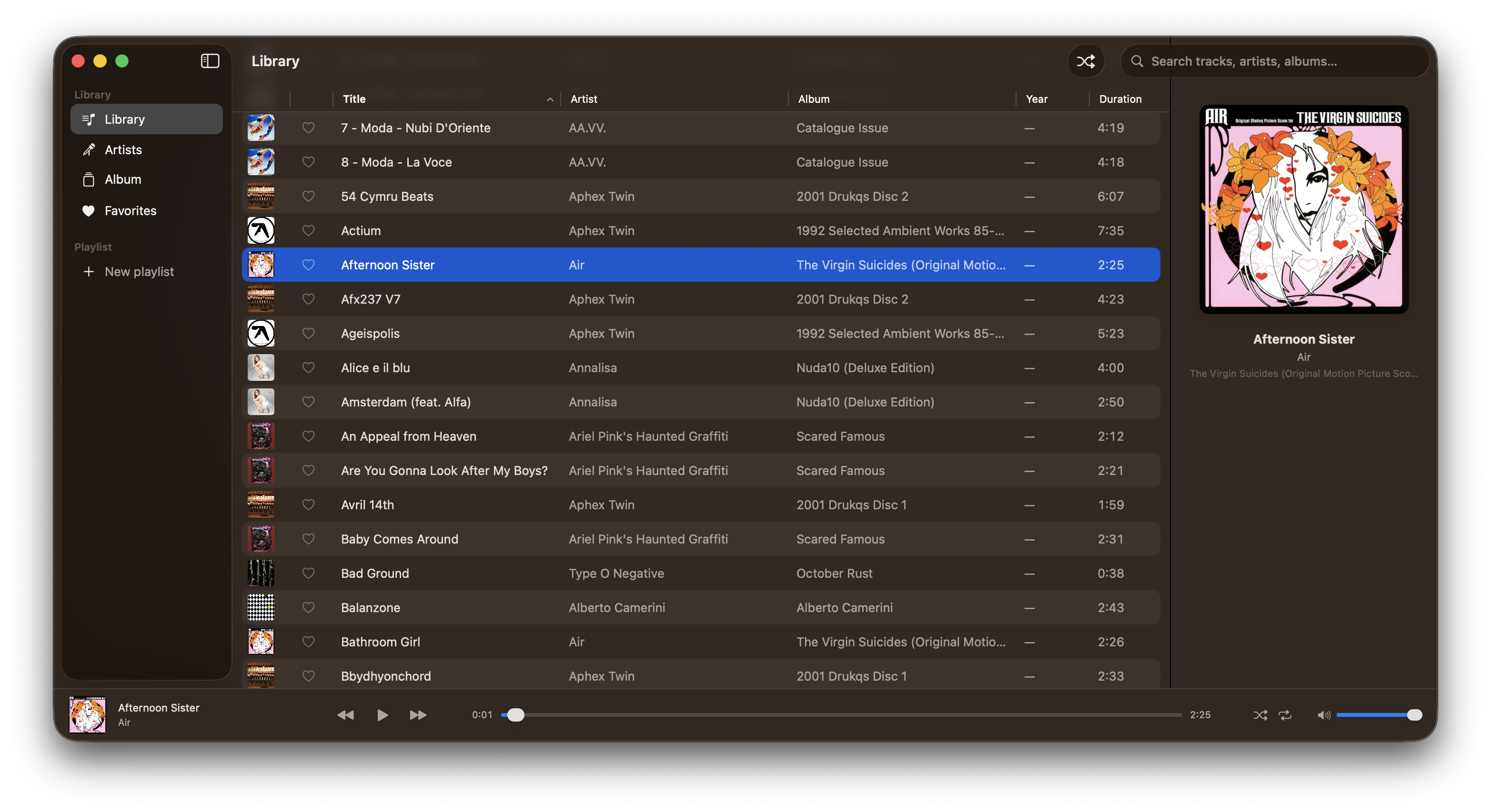 Pulse — Library view: sidebar, sortable track list, now-playing rail.